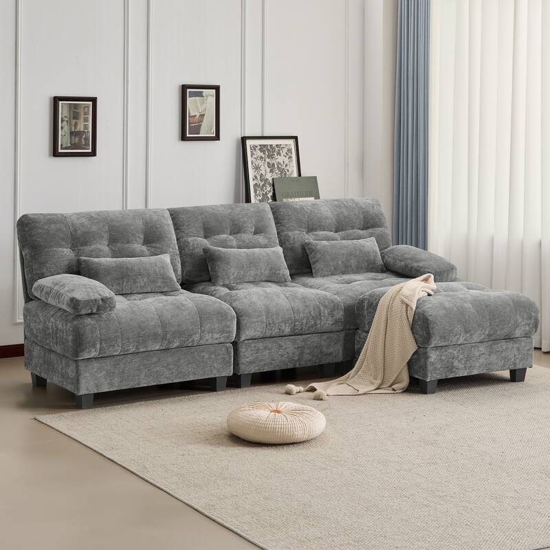 GDFStudio - 4-Piece Adjustable Backrest 93" Chenille Sofa with Ottoman and 3 Throw Pillows - Grey