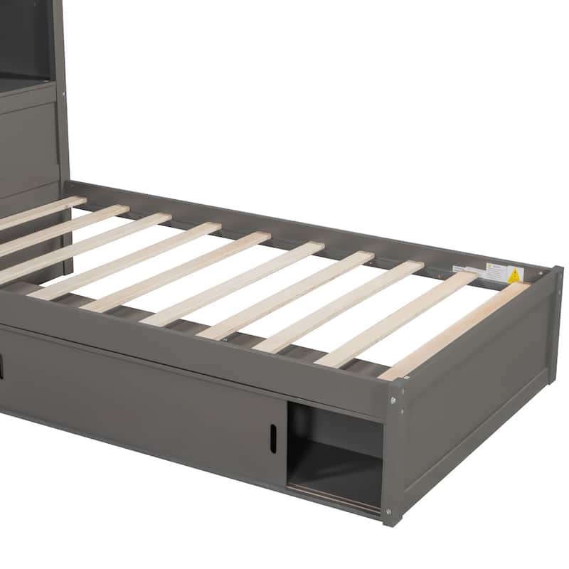 Roomfitters Twin L-Shaped Platform Bed with Trundle, Storage Cabinets and LED Desk