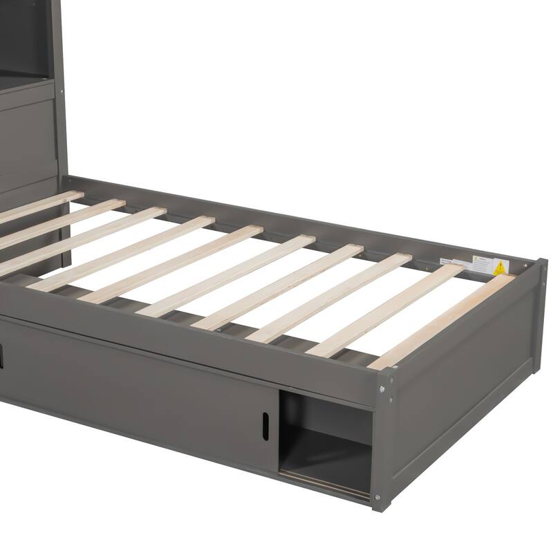 Twin Size L-shaped Bed Frame with Trundle Bed and Storage Cabinets, Desk, Lighting, Corner Platform Storage Bed Frame