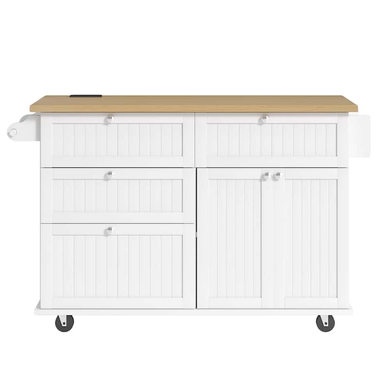Farmhouse Kitchen Island on Wheels with Drop Leaf, 2 Seating & Power Outlet