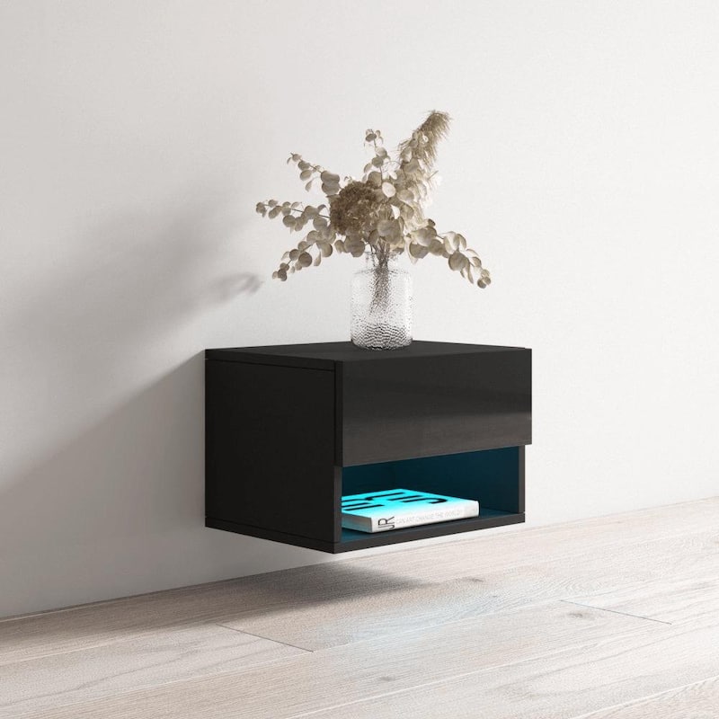 Meble Furniture Air Modern Floating Wall-Mounted Nightstand 19.7"W x 15.7"D x 13.5"H White LED Lighting European Design