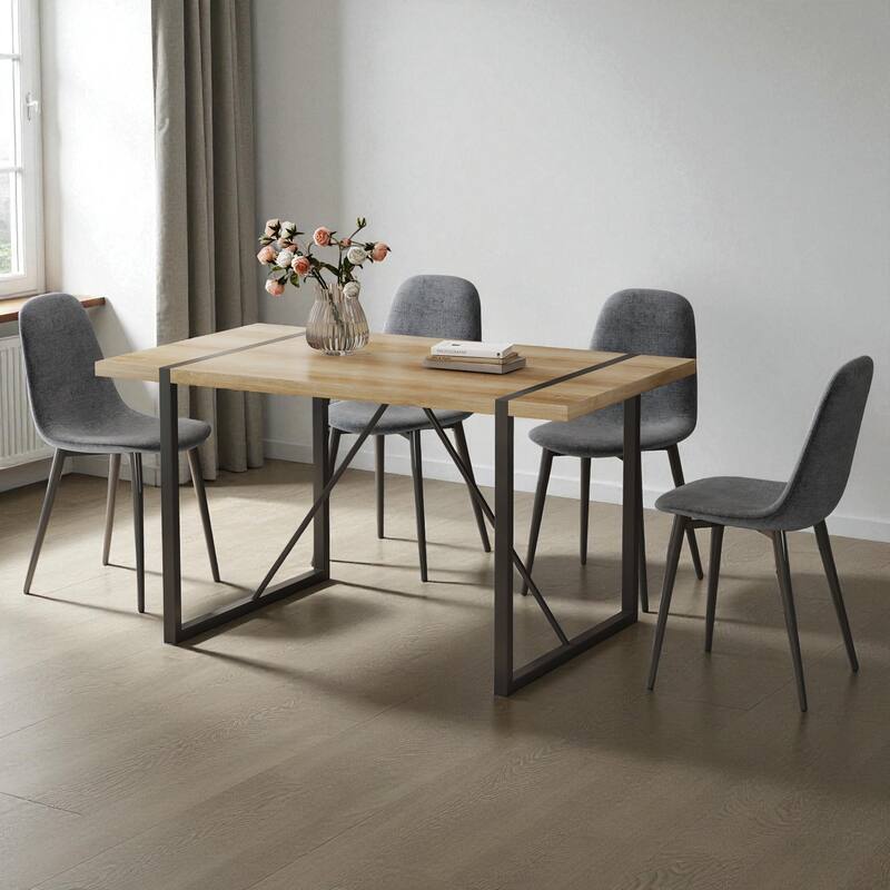 5-Piece Modern Medieval Dining Table Set with 4 Upholstered Chairs, Rustic Industrial Wood Dining Table for Dining Room