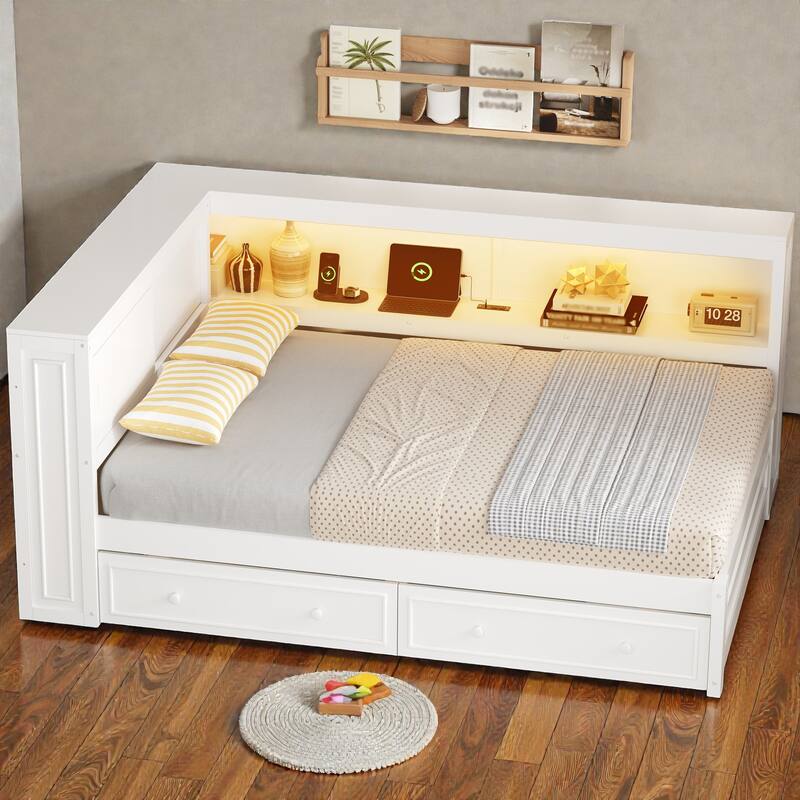 Full Size Wood Daybed with Storage Shelves and 2 Drawers, LED Light, USB Charging Station, Solid Wood Frame