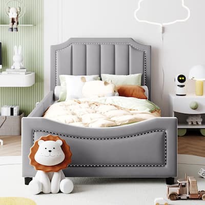 Twin Size Platform Bed Velvet Upholstered Bed, Wooden Kids Bed w/ Soft Backrest Headboard for Boys Girls Comfortable Sleep, Gray