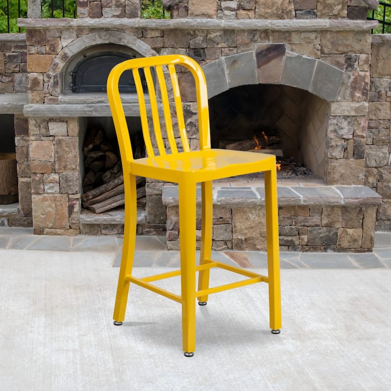 24'' High Metal Indoor-Outdoor Counter Height Stool with Vertical Slat Back - Yellow