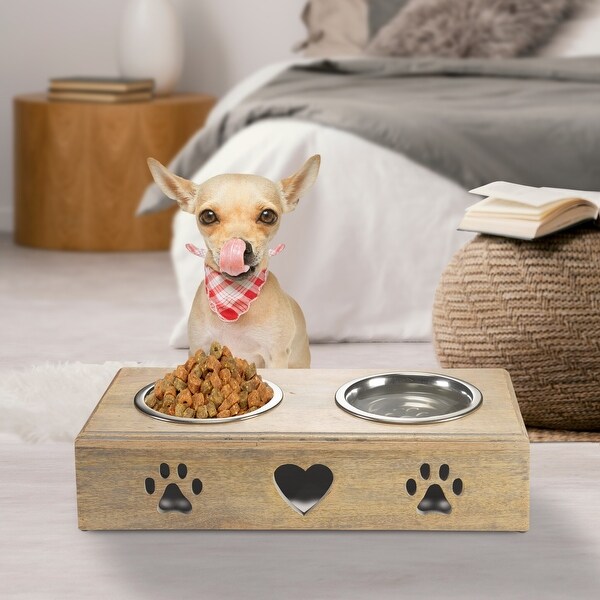 Sevita Handmade Mango Wood Elevated Double Pet Feeder with Paw and