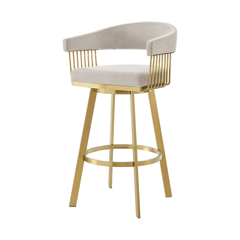 HomeRoots 30" Taupe and Gold Fabric and Stainless Steel Low Back Bar Height Swivel Bar Chair