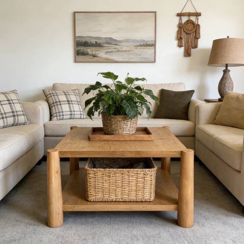 34" Square Solid Wood Coffee Table, Rustic Living Room Center Table