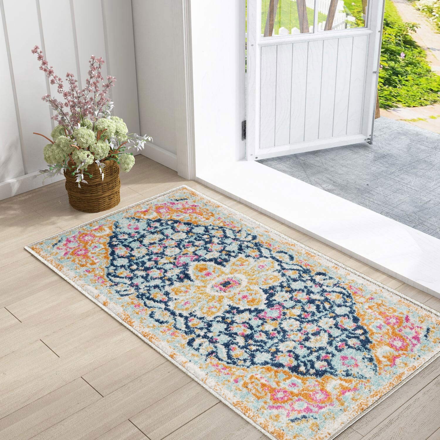 Floral Shabby Chic Blue Area Rug Kitchen Rugs