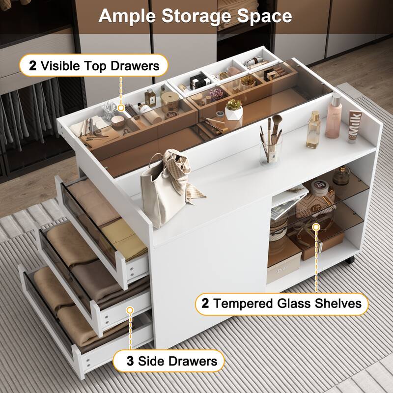 Roomfitters Multi-Functional Storage Island Vanity Console with Glass Display Shelves and Reversible Top, White