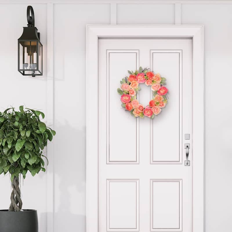 24" Artificial Peony,Rose Floral Spring Wreath With Green Leaves