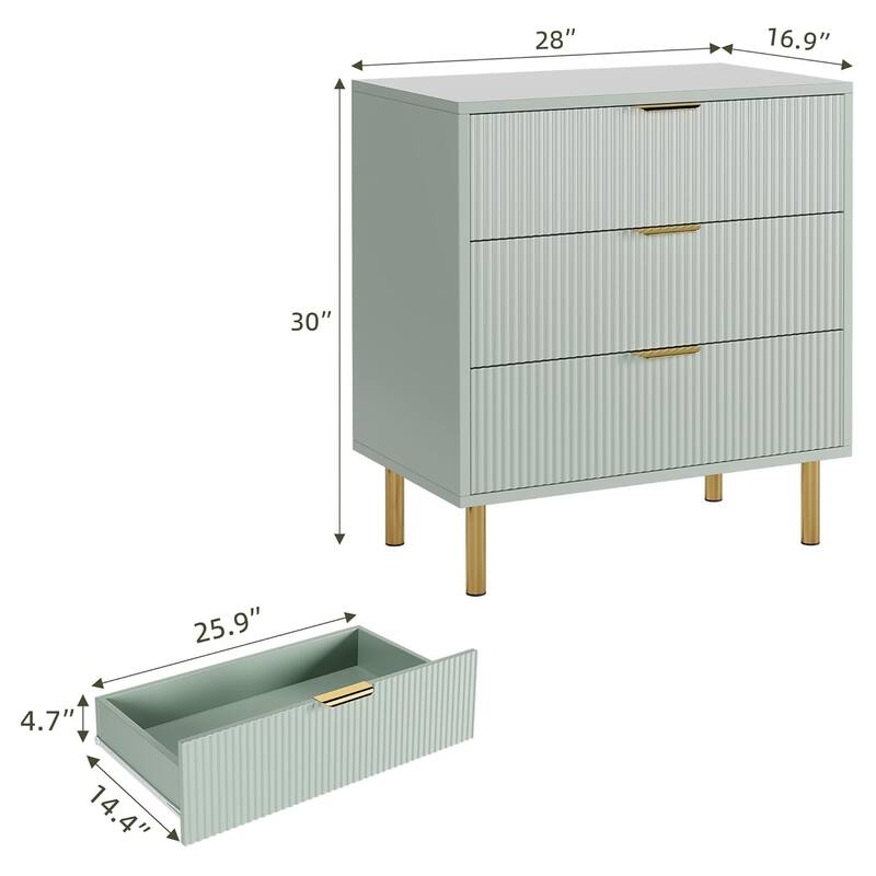 Modern 3 Drawer Dresser for Bedroom, Wood Chest with Gold Handle and Large Drawers for Living Room, Hallway, Entryway