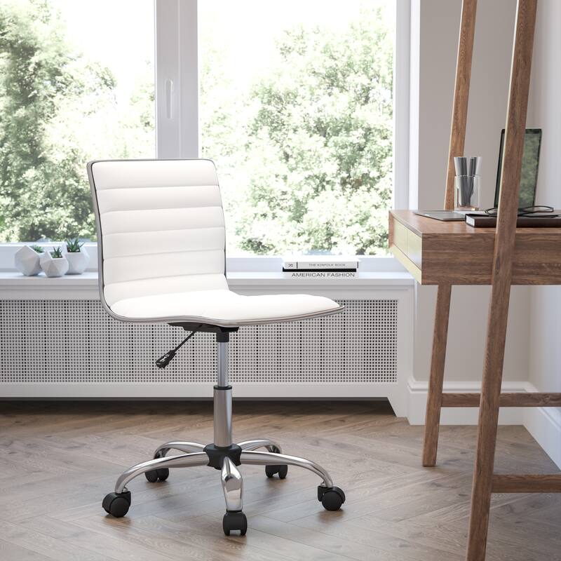 Low Back Designer Armless Ribbed Swivel Task Office Chair - White