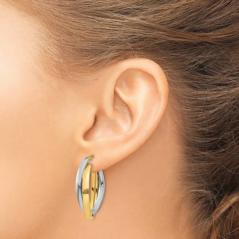 Curata 14K Two Tone Polished Tube Gold Oval Hoop Earrings (7mm x 14mm)
