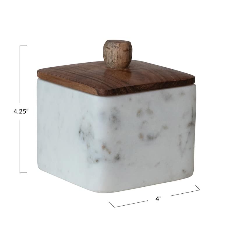 Marble Container with Acacia Wood Lid - 4.0"L x 4.0"W x 4.25"H
