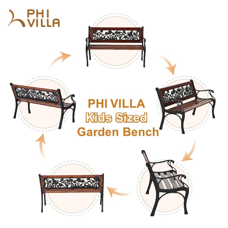 MAISON ARTS Outdoor Garden Bench for Children, 33'' L Metal Bench with Wood Seating & Floral Pattern Back