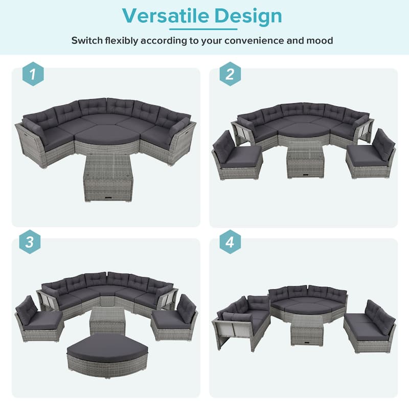 Rattan Sectional Outdoor Furniture Set with Cushions Modular Daybed Iron Frame for Patio Garden Use