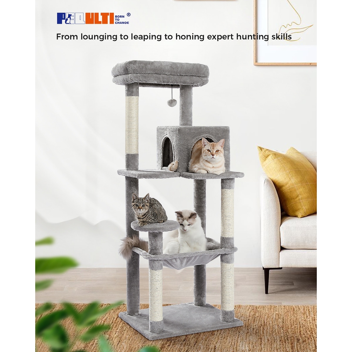 Indoor Multi-Level Tall Cat Tower with Hammock, Scratching Posts, Condo and Top Perch