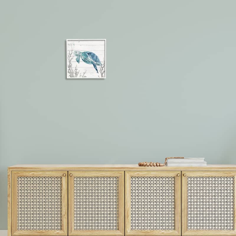 Stupell Swimming Sea Turtle Coral Beach Plank Design Framed Wall Art, Design by Carol Robinson