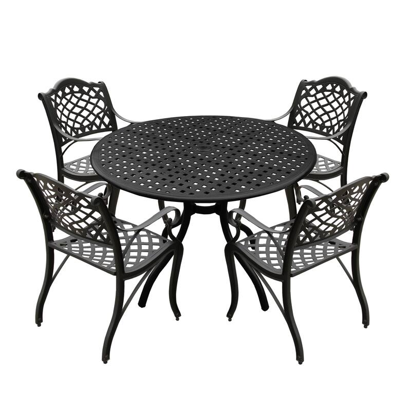 Modern Ornate Outdoor Mesh Aluminum 42-in Round Patio Dining Set with Four Chairs - N/A - Black