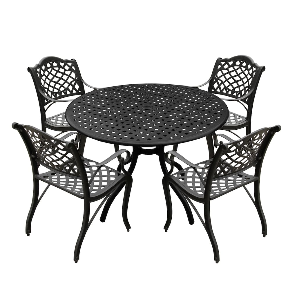 Modern Ornate Outdoor Mesh Aluminum 42-in Round Patio Dining Set with Four Chairs