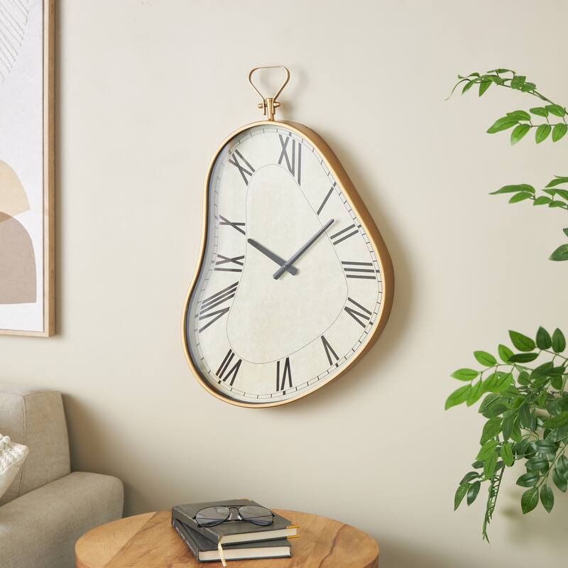 Metal Wavy Decorative Wall Clock with Gold Frame and Black Accents - White - Roche River Decor - 3"W x 17"L x 25"H