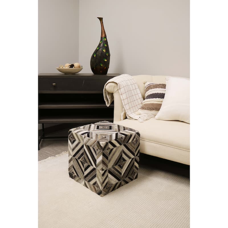 Home&Manor Almeria 16" Cowhide Leather Cube Pouf