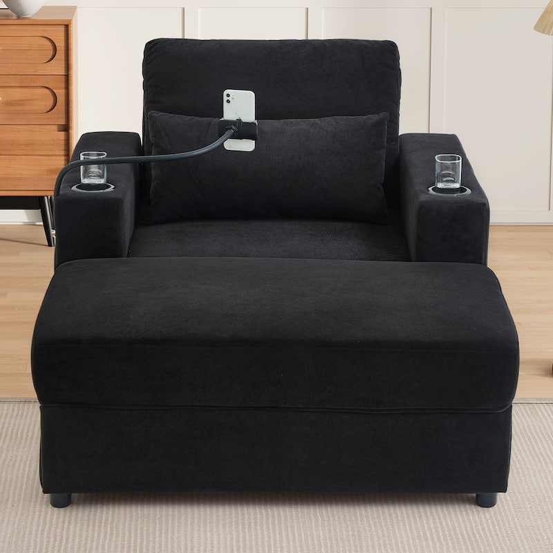 Modern Style Armchair with a Movable Storage Ottoman, Two USB Ports, Two Cup Holders, a Phone Holder and Side Pockets