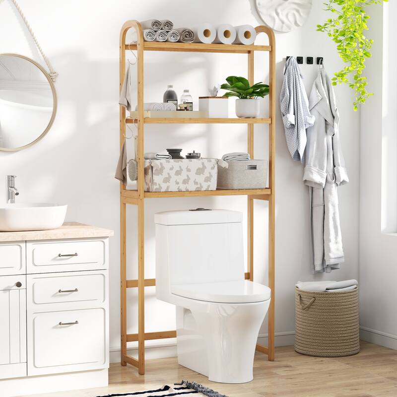 3-Tier Bamboo Bathroom Floor Organizer with 5-Position Shelves and 3 Hooks-Natural - Multi