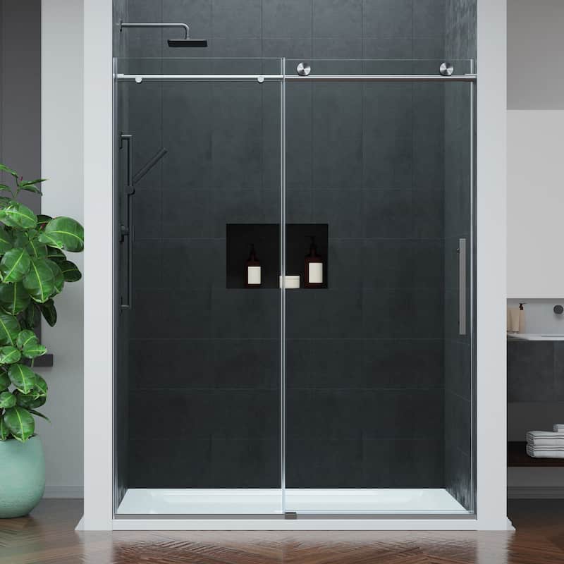 Mountain 60-inch Reversible Frameless Sliding Deco-Glass Shower Door with Soft-Close System