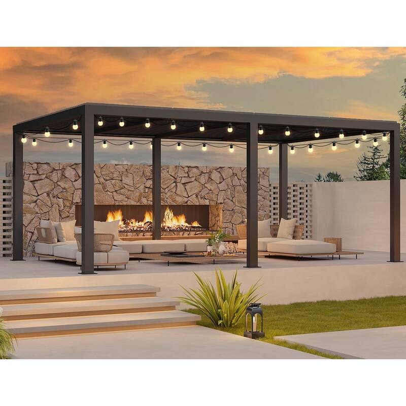 PURPLE LEAF Louvered Pergola with Solar Lights Hardtop Gazebo for Patio - 12' x 20' - Grey