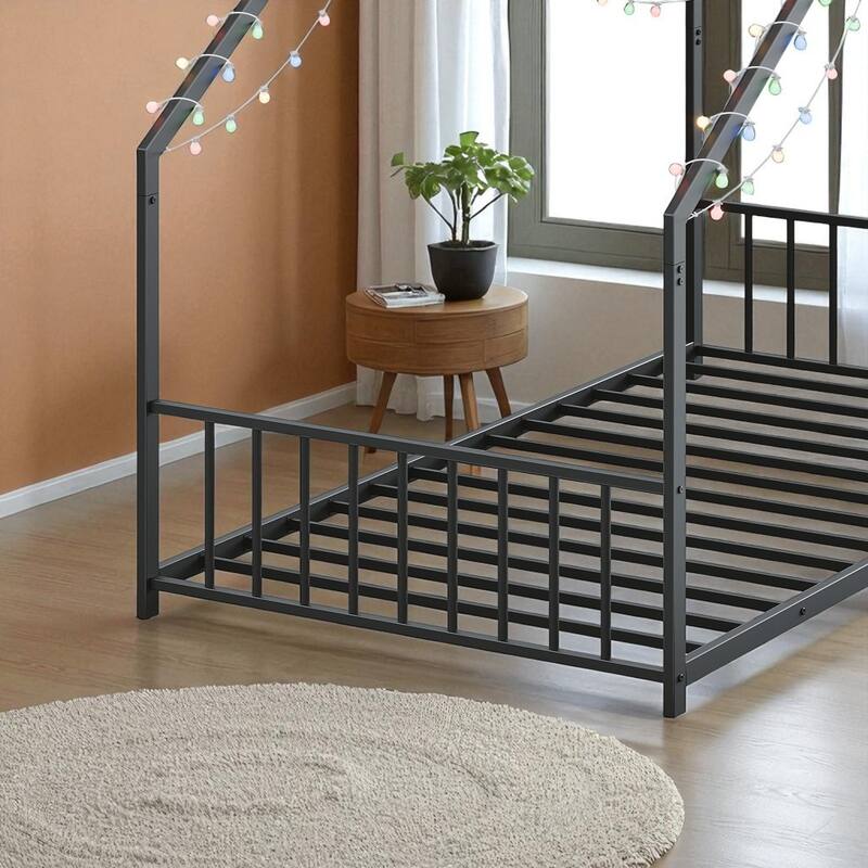 Twin/Full Size Kids Roof-Shaped Metal Bed Frame with Colorful LED Lights, Low Profile Design, 350 lb Capacity