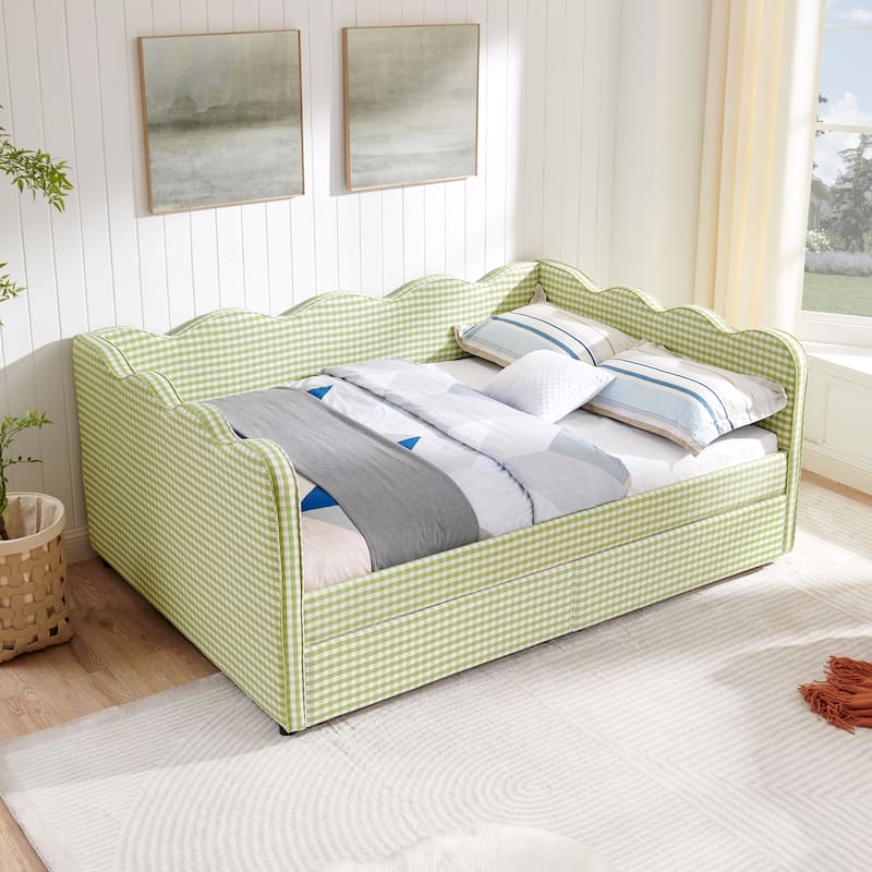 Full/Queen Gingham Daybed with 2 Storage Drawers, USB Port & Wave Shaped Linen Fabric