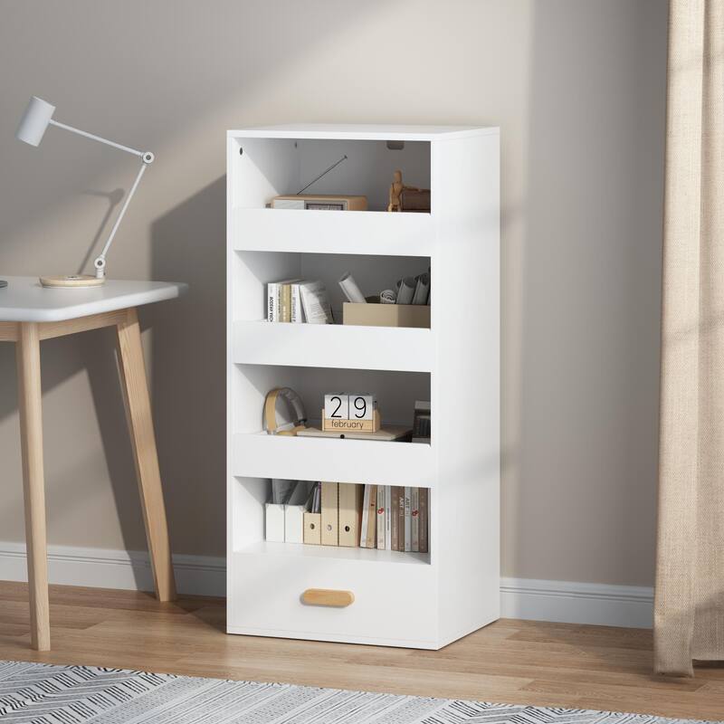 Anmytek Modern White Finish 4-Tier Open Shelf Cabinet with Drawer for Home Office, Bathroom & Narrow Hallways