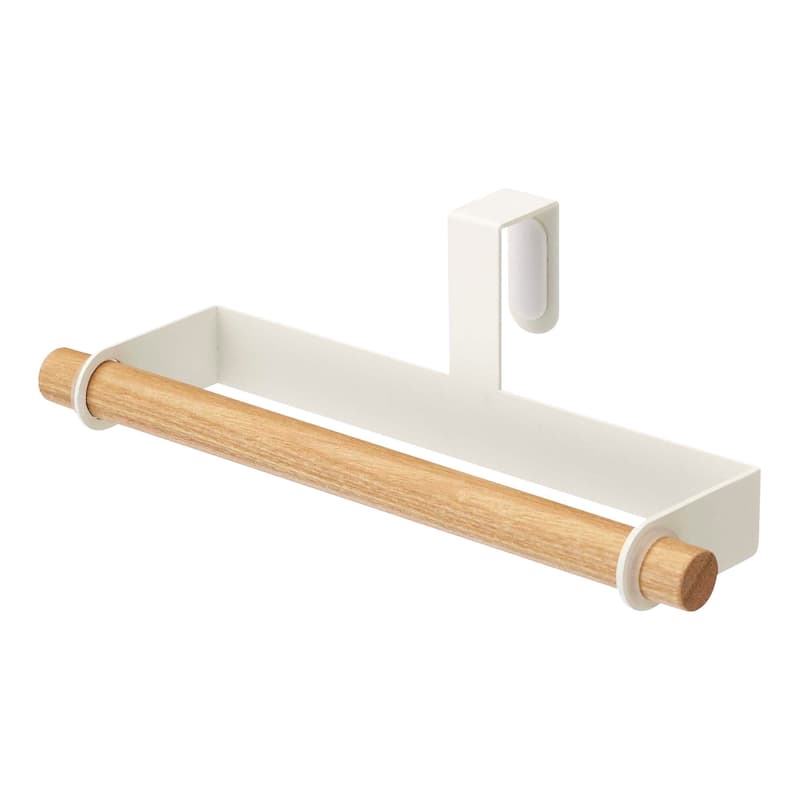 Yamazaki Home Cabinet Door Dish Towel Hanger, Steel and Wood, Holds 2.2 lbs - L 2.95 x W 7.48 x H 2.36 inches - Single - L 2.95 x W 7.48 x H  2.36 inches - White