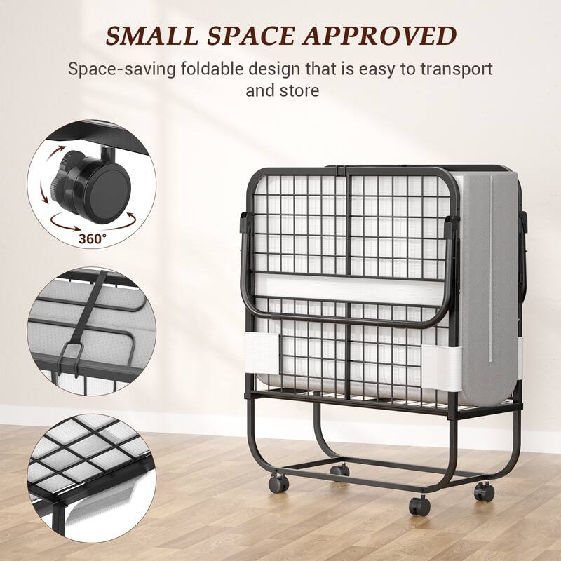 Folding Bed with 5 Inch Memory Foam Mattress, Small Single Bed Extra Guest Bed with Wheel