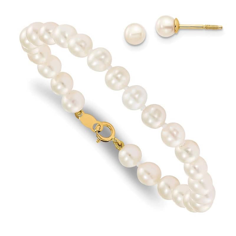 Curata 14k Yellow Gold Screw back Spring Ring for boys or girls Freshwater Cultured Pearl Set - Bracelet and Post Earrings