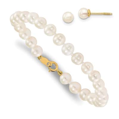 Curata 14k Yellow Gold Screw back Spring Ring for boys or girls Freshwater Cultured Pearl Set - Bracelet and Post Earrings