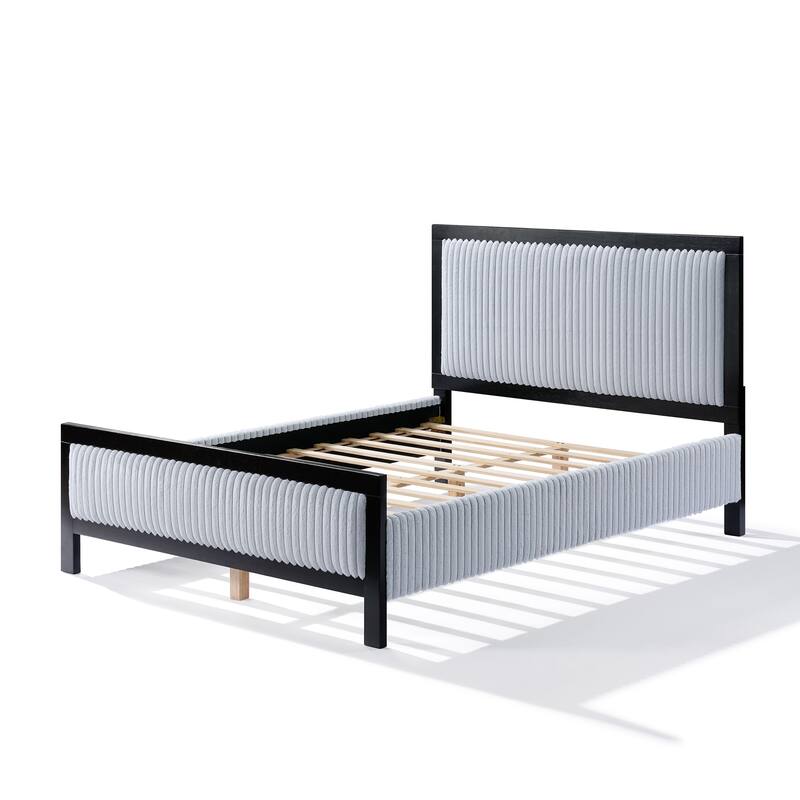 Roomfitters Upholstered Platform Bed Frame with Plush Cloud-Like Headboard and Solid Wood Slats, Grey and Black