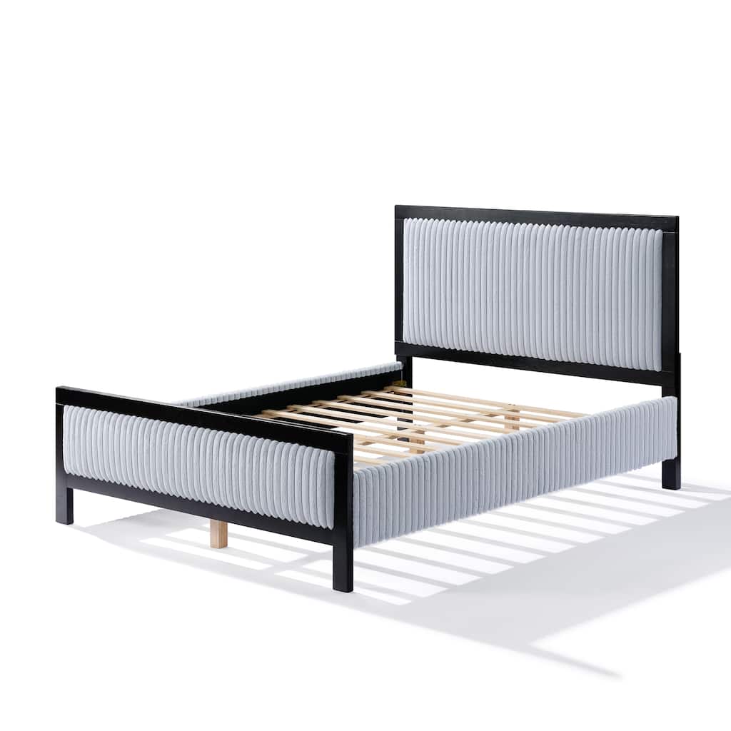 Upholstered Platform Bed Frame with Light Grey Fluffy Headboard and Footboard, Wooden Slats Support