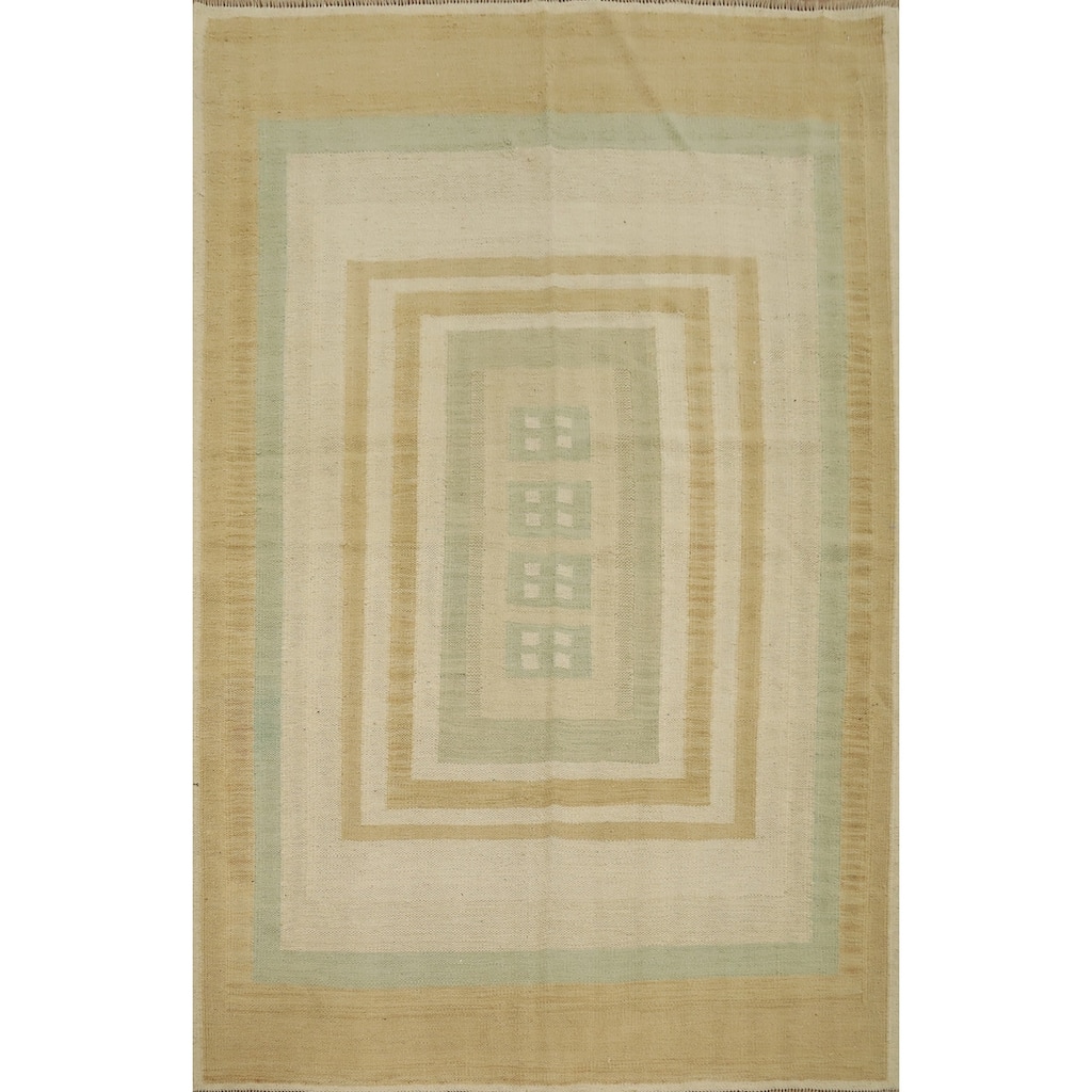 Hand Woven Oriental 100% Wool Carpet Southwestern Modern Beige & Ivories Kilim Area Rug - 5' 8'' X 4' 2''
