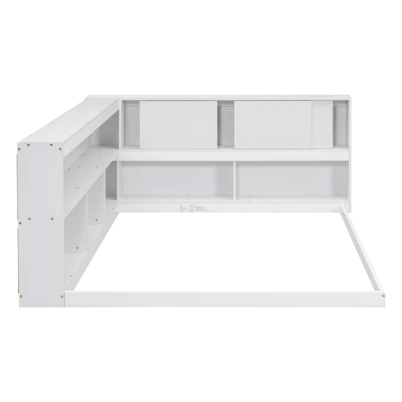 White Full Size Wood Floor Bed with L-shaped Bookcases, sliding doors, without slats