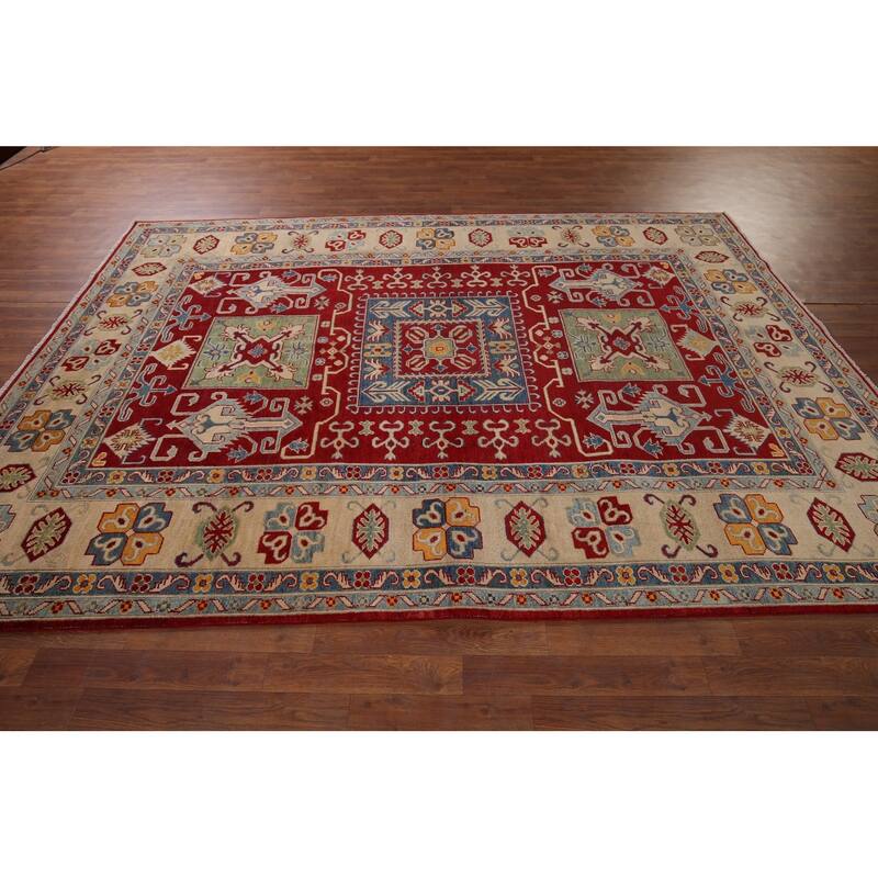 Geometric Red Kazak Area Rug Handmade Oriental Wool Carpet - 6'8" x 9'9"