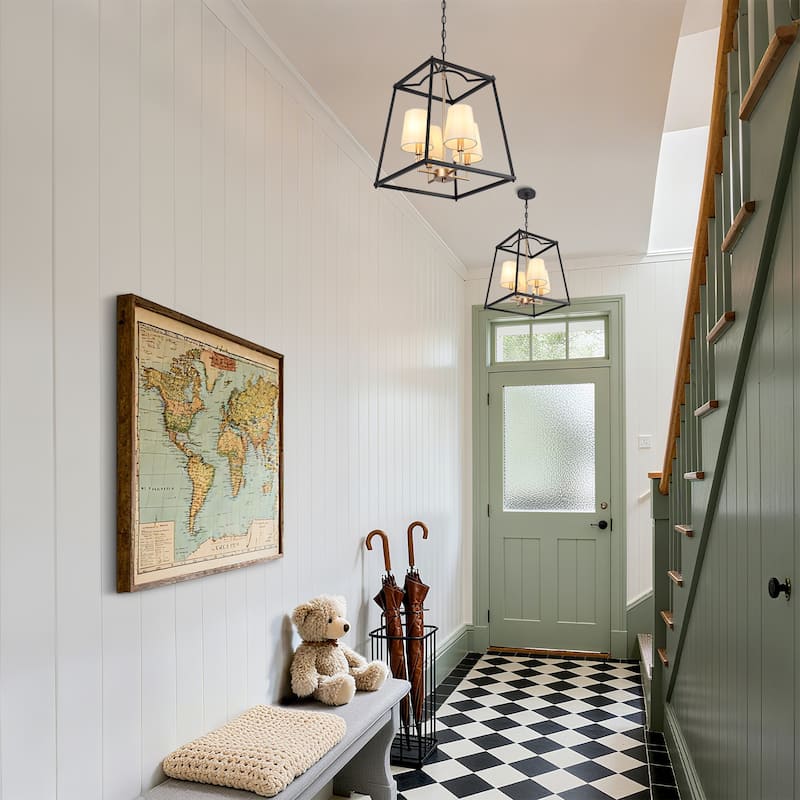 Modern Farmhouse 4-Light Black Gold Geometric Chandelier Metal Pendant Lights with Fabric Shades - 14 "