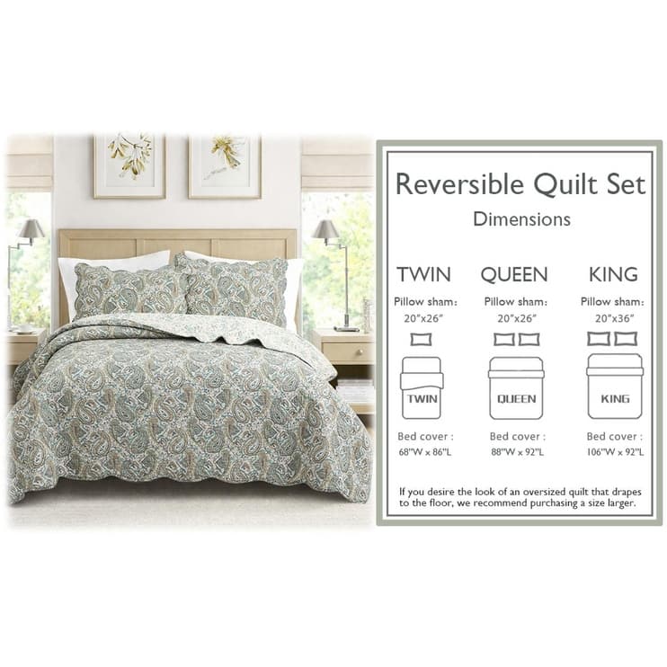 Cozy Line Aquamarine Turquoise Tan Brown Paisley 3 Piece Cotton Queen Quilt Bedding Set