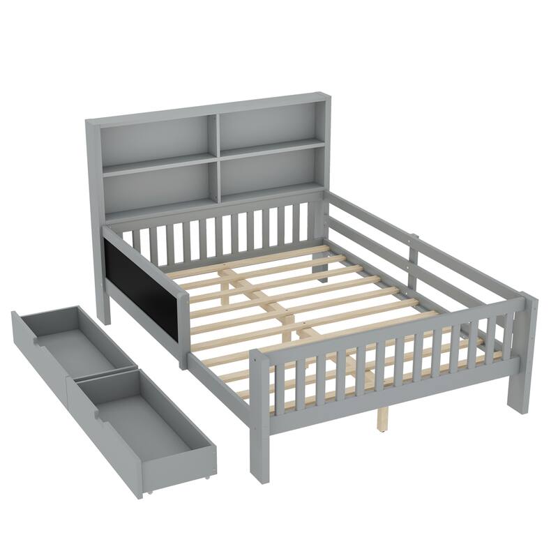 Childlike Fun Solid Wood Low-profile Platform Bed Storage Bed Frame with Side Chalkboard, Open Shelves, Drawers and Guardrails