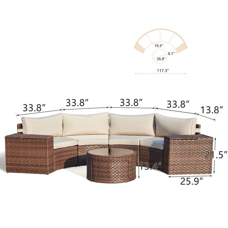 AVAWING 7 Pieces Half Moon Patio Conversation Set PE Wicker Sectional Sofa