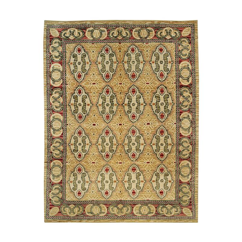 Beige Handwoven Wool Transitional Rug 8' x 10'1 - Hand Knotted Spun Wool Surged Edge Elegant Design - N/A