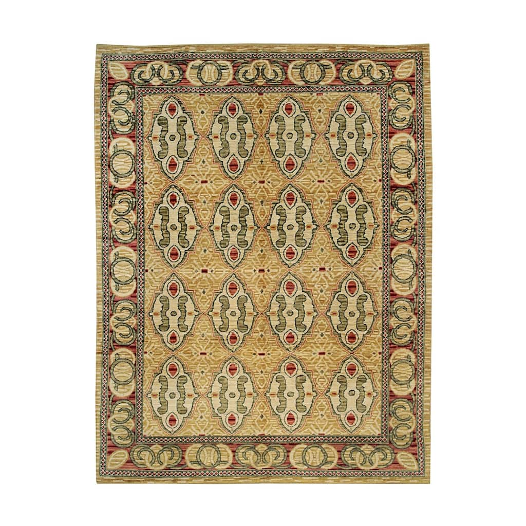 Beige Handwoven Wool Transitional Rug 8'11 x 11'11 - Hand Knotted Spun Wool Surged Edge Elegant Look - N/A
