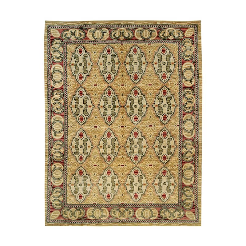 Beige Handwoven Wool Transitional Rug 8'11 x 11'11 - Hand Knotted Spun Wool Surged Edge Elegant Look - N/A